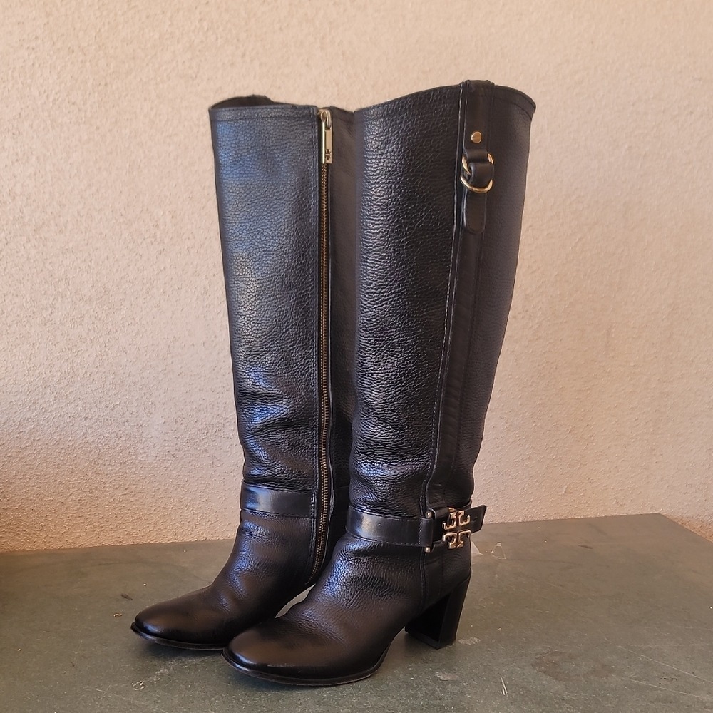 Tory Burch Black Heeled Boots with Gold Accents